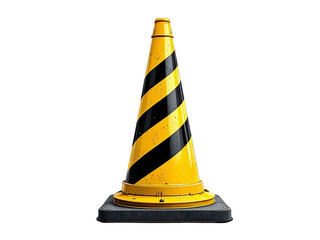 A yellow and black striped traffic cone sitting on a gray base against a black background image