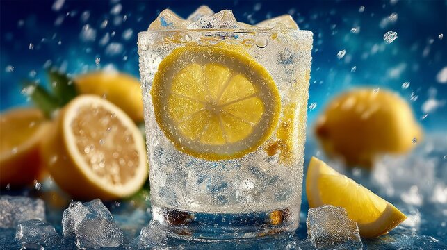 Refreshing Lemon Slice in Icy Water with Bubbles and Splashes Perfect for Summer Drinks Bever