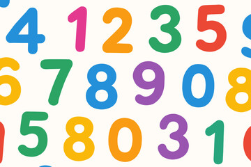 Colorful numbers seamless pattern on white background. Vibrant digits for kids education, math learning, and preschool activities. Fun typography design element vector illustration.