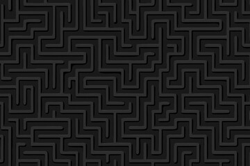 Black 3D Maze Pattern Seamless Labyrinth. Vector Embossed Texture. Abstract Geometric Background. Intricate Dark Design for Modern Decor, Puzzles, Challenges. Elegant Monochrome Graphic.