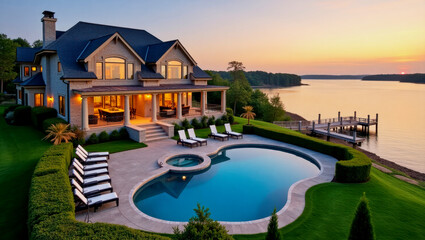 Luxurious lakefront villa with pool and dock during sunset reflecting serene surroundings and vibrant sky colors