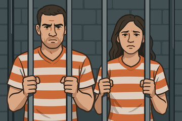 Prisoners behind bars. Man and woman in striped jail uniforms. Incarceration, custody concept. Crime, punishment, justice system. Guilt, regret, confinement. Sad inmates illustration.