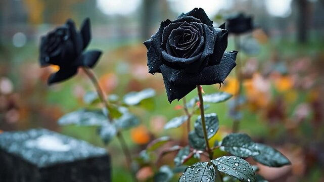 Elegant black rose blossom with water droplets in soft focus natural setting