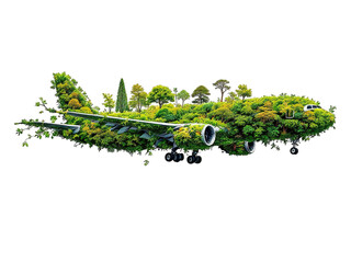 Airplane covered in green foliage and trees against a black background in a conceptual image