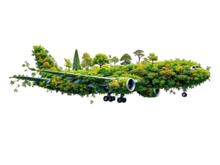 Airplane covered in green foliage and trees against a black background in a conceptual image