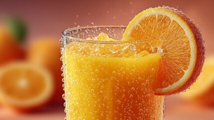 Refreshing Orange Juice with Bubbles and Slice Garnish in a Glass