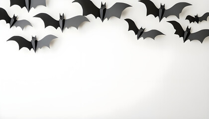Naklejka premium Paper bats and festive decor near white wall, space for text. Halloween celebration