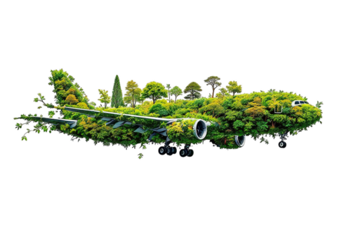 Airplane covered in green foliage and trees against a black background in a conceptual image