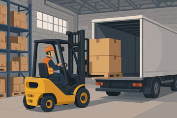 Warehouse logistics: Forklift operator loading pallet with cardboard boxes into a delivery truck. Industrial storage, distribution center, supply chain, shipping, and freight transportation concept.