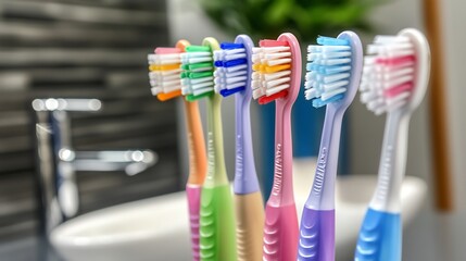 Set of colorful toothbrushes displayed in a modern bathroom promoting healthy habits