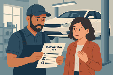 Car repair service concept. Mechanic technician in uniform explaining vehicle maintenance checklist and repair estimate to female customer in auto workshop garage. Auto service illustration.