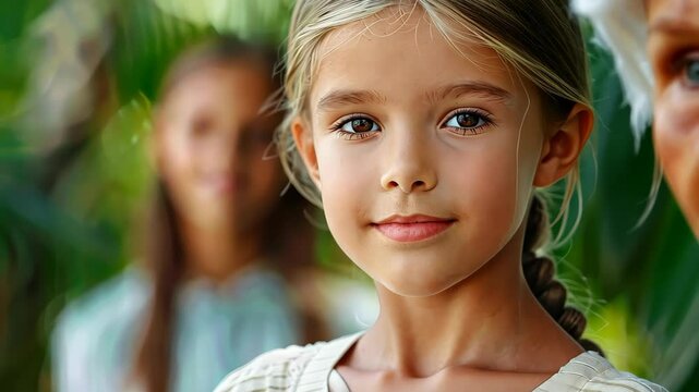 Portrait of a girl with braids: Close-up portrait of a young girl with blonde hair in braids, looking directly at the camera with a serene expression. Her skin is fair and her eyes are captivating.