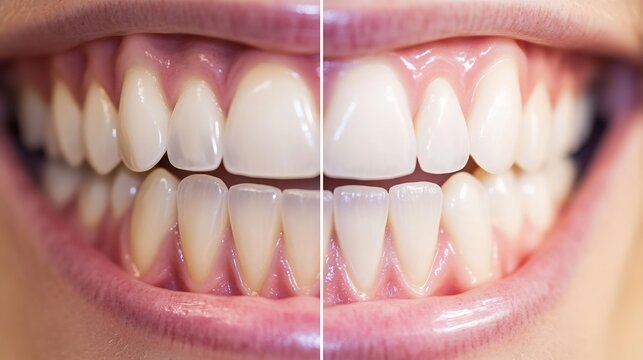 Side by side comparison of a patients teeth before and after dental bonding high definition clinical lighting natural tooth texture