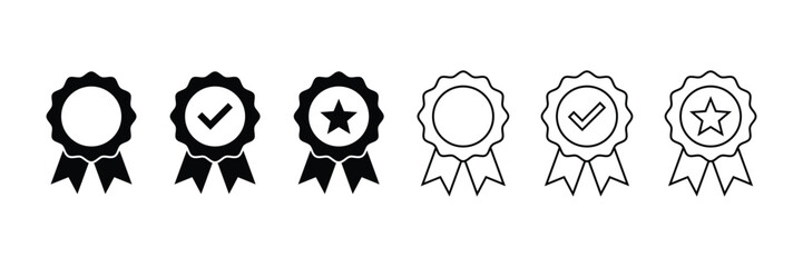Badge with ribbon icon collection. Ribbon, Badges with star, Tick mark symbol. Vector Illustration.