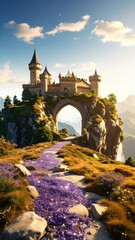 Whimsical Fairytale Castle on Mountaintop with Purple Flower Path