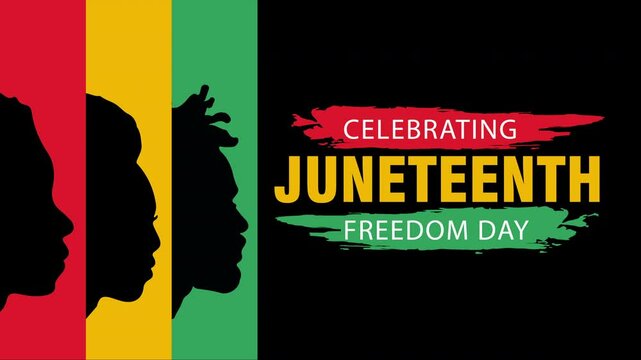 Celebrating Juneteenth Freedom Day animation with silhouette of African woman and man in Juneteenth colors flag. African American History. Freedom and Emancipation day