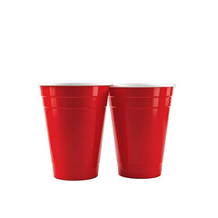 Two red plastic cups sitting side by side against a stark black background in a studio setting