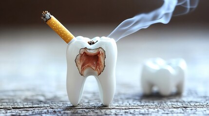 Smoking cigarette transforming into a decaying tooth surreal concept symbolic artwork anti smoking awareness