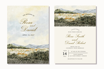 wedding invitation card with beautiful landscape watercolor background