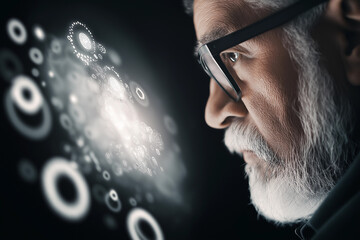 Close-up of an older man gazing at abstract digital shapes against a dark background.