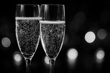Two glasses of champagne with sparkling bubbles, captured in a black and white image.