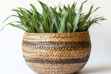 A woven wicker basket is filled with vibrant green plants, showcasing a natural, calming aesthetic.