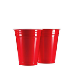 Close up shot of two red plastic cups with white rims against a black background in studio lighting