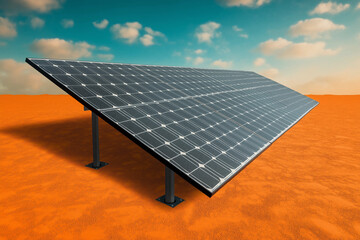 An angled solar panel array in a vivid desert setting, capturing the sun's energy effectively.