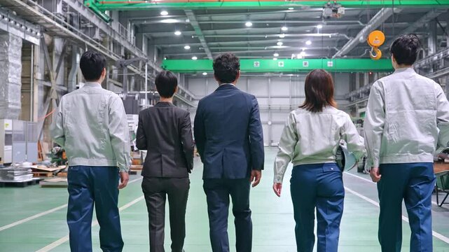 工場の中を歩く作業スタッフのグループ