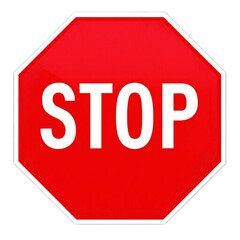 A red stop sign with white lettering on a black background indicating traffic regulations and safety rules