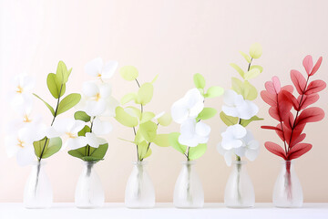 An artistic display of assorted artificial flowers arranged in clear, decorative vases.