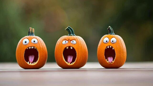 Animated Pumpkins Screaming: Three animated pumpkins with distinct expressions and open mouths create a captivating scene of Halloween spirit. Capturing both the funny and scary side of the holiday