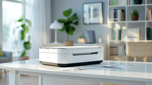 Printer on Desk: A white printer sits on a desk with bookshelf in the background.