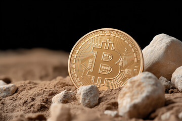 A gold bitcoin coin resting on sand with rocks, representing digital finance and money.