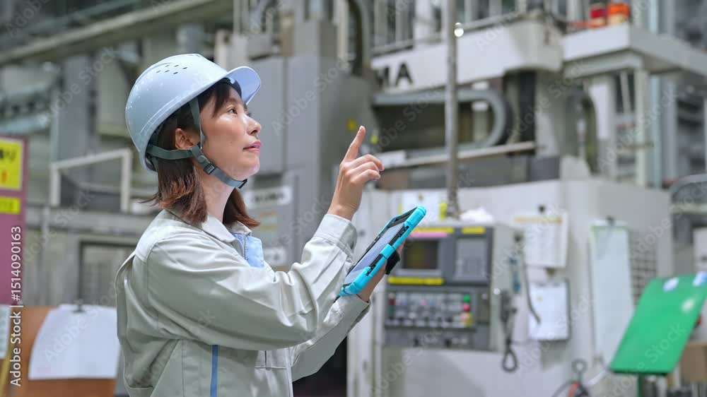 Aufkleber タブレットを持って工場機械を点検する女性作業員