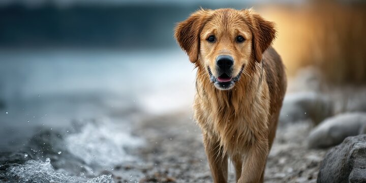 Golden retriever walking near water on a rocky shore during golden hour in a tranquil outdoor setting