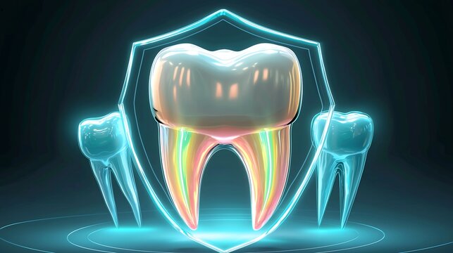 Stylized tooth with a vibrant healthy glow surrounded by a protective shield symbolizing the importance of preventive dental care