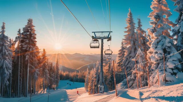 Snowy Mountain Resort: Winter wonderland scene with snow-covered trees, ski lift, and golden sunlight over snowcapped peaks. Perfect for skiing and winter activities.