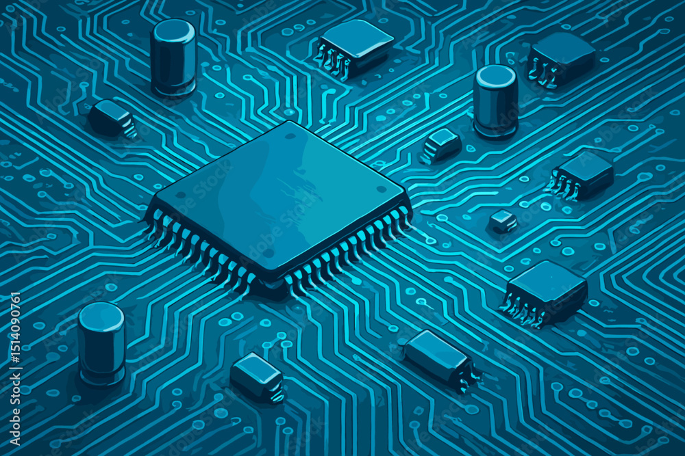 Poster futuristic blue glowing electronic circuit board with microchip processor. detailed cpu and computer