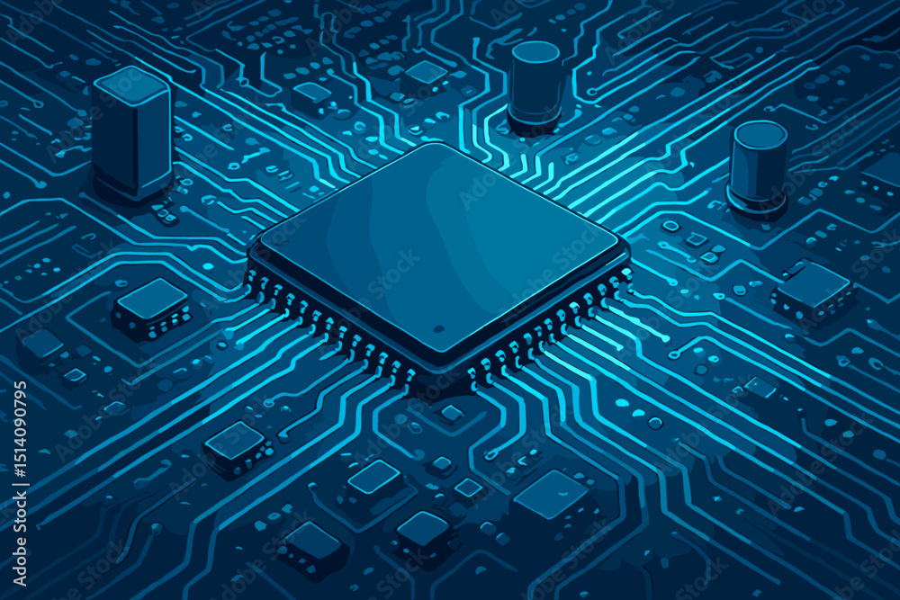 Poster blue electronic circuit board with microchip processor. cpu technology background. computer hardware