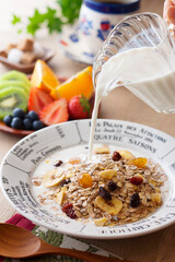 【ミューズリー】ドライフルーツが沢山のミューズリー。たっぷりミルクと蜂蜜で楽しむ朝食のイメージ。