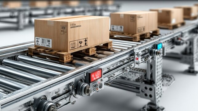 Automated Conveyor System with Cardboard Boxes on Wooden Pallets for Efficient Logistics and Di