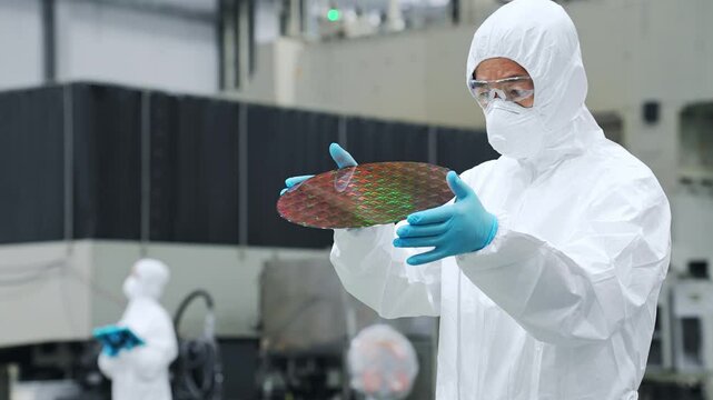 半導体工場でシリコンウエハーを検査する防塵服を着た男性作業員
