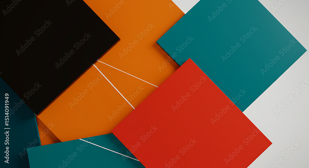 Poster a modern abstract composition features overlapping colorful geometric shapes, including squares and 