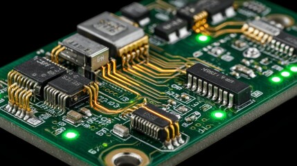 CloseUp of a Circuit Board with Green LEDs and Integrated Components for Technology Projects