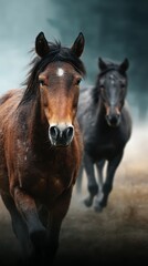 Obraz premium Horses running through mist in a serene environment during early morning light