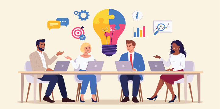 Business Team Brainstorm concept. Vector flat style abstract illustration of a group of diverse people at a desk leading a discussion with a lightbulb