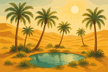 Desert oasis landscape watercolor painting with palm trees, serene pond, golden sand dunes, and bright sun. Tropical paradise illustration, exotic summer vacation background concept.