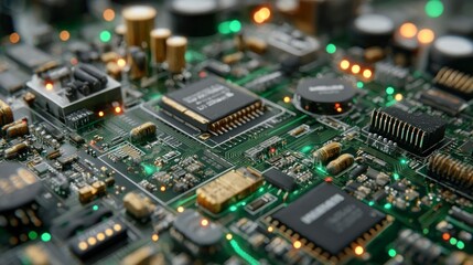 CloseUp View of an Electronic Circuit Board with Illuminated Components and Integrated Circuit