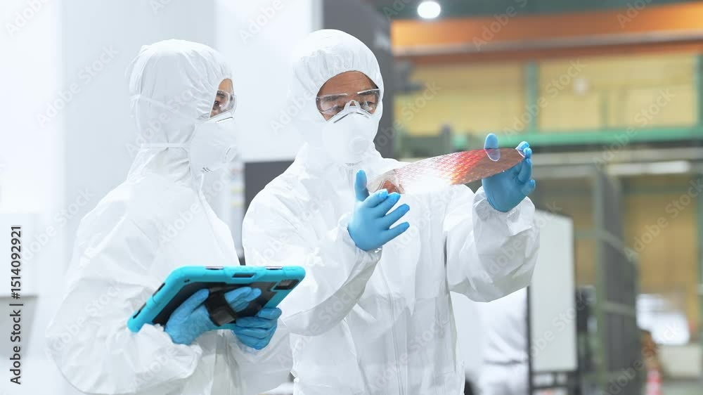 Poster 半導体工場でタブレットを持ってシリコンウエハーを検査する防護服を着た男女作業員